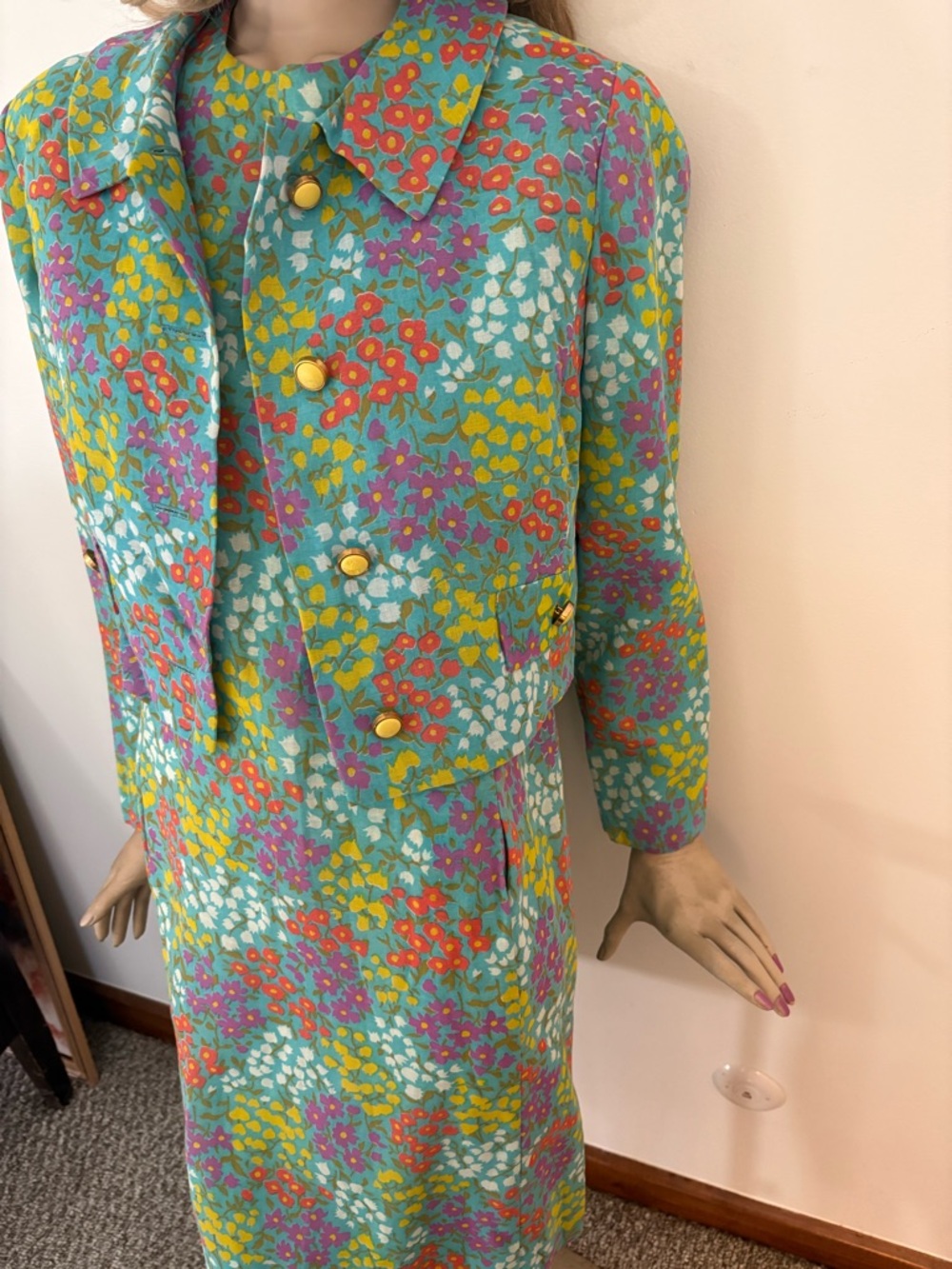 Vintage Teal Floral Midi Dress with Cropped Jacket - Picture 11 of 15